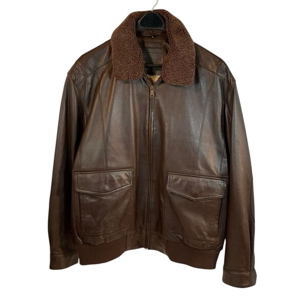 Roundtree & Yorke Lamb Skin Leather Jacket SZ XL Flight Fur Pilot Aviator Brown - Picture 1 of 16